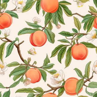 A seamless pattern featuring peach blossoms and fruit set against a white background.
