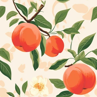 A seamless pattern of peach fruits, leaves, and blossoms on a white background with light orange, beige, and peach colors.