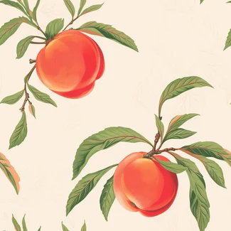 A vibrant seamless pattern featuring fresh peaches on a branch with a vintage aesthetic and a minimalist color scheme.