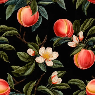 Seamless pattern featuring ripe peaches hanging from branches against a black background.