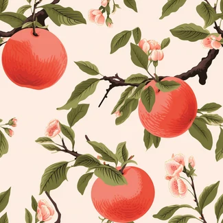 A seamless pattern of peaches and red blossoms, apple vine on a branch, and flowers in a classic Japanese simplicity style.