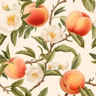 A seamless pattern with peaches and flowers on branch in white and beige color palette