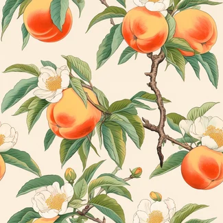 A repeating pattern of peaches, flowers, and leaves on a branch in orange and beige tones.