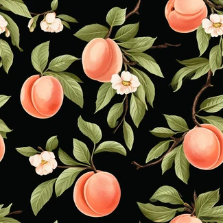 A seamless pattern featuring peaches, peach trees, flowers, and leaves on a black background.