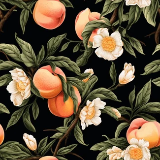 A seamless pattern with peaches and flowers on a black background