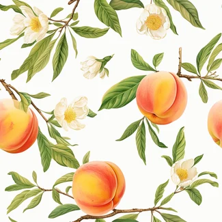 A repeating pattern of peaches, flowers, and branches on a white background