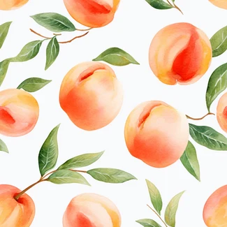 A seamless watercolor pattern of peaches and leaves in light orange and white colors.