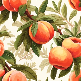 A seamless pattern of juicy peaches, leaves, and branches on a light beige background.