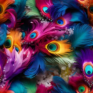 A colorful pattern featuring peacock feathers arranged in a surrealistic style with bright backgrounds.