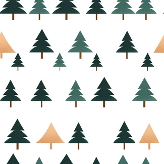 A repeating pattern of Christmas trees on a white background in shades of green and brown.