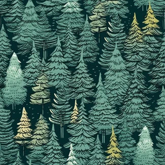 A seamless pattern of hand-drawn pine trees in shades of dark emerald and gold.