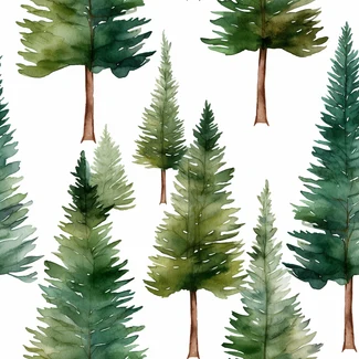 A seamless watercolor pattern featuring various shades of green pine trees on a white background.