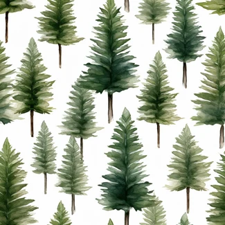A watercolor seamless pattern of green pine trees against a white background