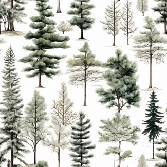 A botanical watercolor illustration of pine trees on a white background.