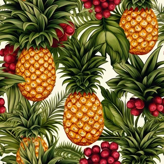 A bright and colorful seamless pattern featuring illustrations of pineapples, leaves, and berries in a watercolor style.