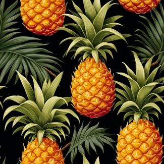 A vibrant and detailed pattern of pineapples with leaves on a black background.