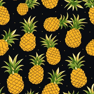 A seamless pattern featuring cute, cartoonish pineapples on a dark black background.