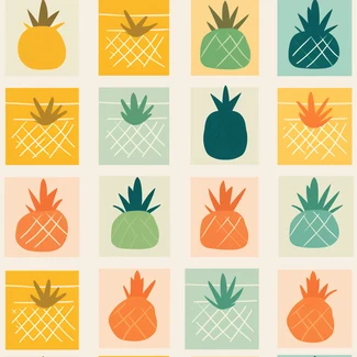 A repeating pattern of pineapples in various colors and styles, depicted with flat color blocks and mid-century illustration techniques.