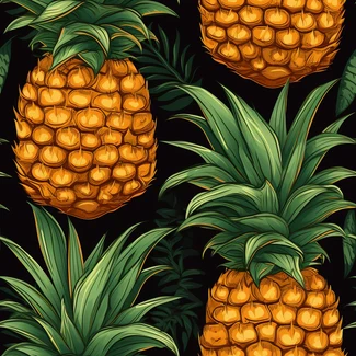 A seamless pattern featuring juicy and vibrant pineapples and lush foliage set against a sleek black background.