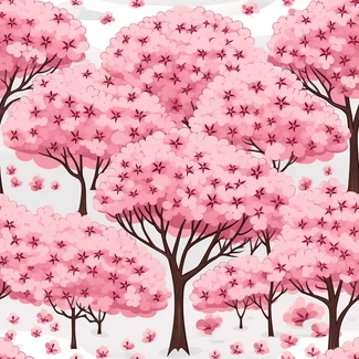 A seamless pattern featuring pink cherry trees with white blossoms and a cartoonish style.