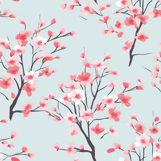Pink cherry blossom seamless floral pattern on a light sky-blue background