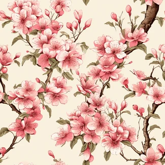 A beautiful seamless pattern featuring delicate pink cherry blossoms in the style of Vittorio Reggianini on a beige background.