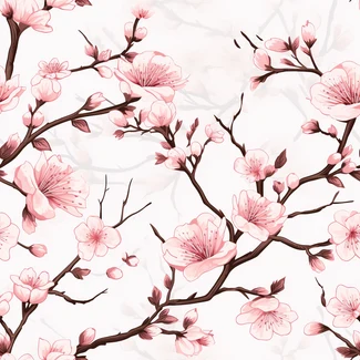 Pink cherry blossoms on a light gray and brown background fabric pattern