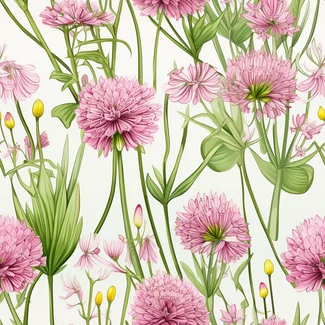 Pink cosmos vintage seamless pattern with detailed botanical illustrations on a light green and green background