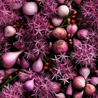 A pattern featuring pink garlic, onions, and various herbs and flowers in shades of pink and purple.