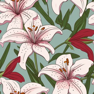 A seamless pattern of pink lilies on a light teal and light red background.