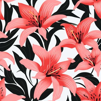 Seamless pattern featuring pink lily flowers on a light red and light gray background with black leaves.