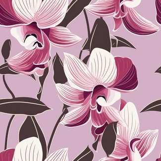 A seamless floral pattern featuring delicate pink orchids on a light purple background.
