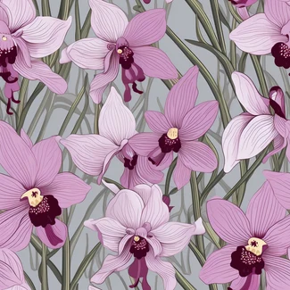 A seamless pattern of pink orchids on a grey background