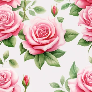 A seamless pattern of pink roses on a white background.