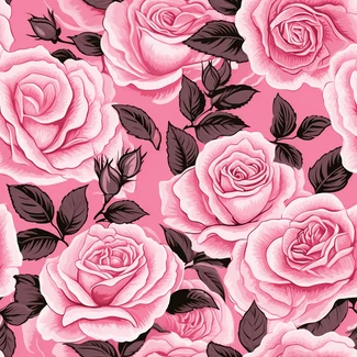 A seamless pattern featuring pink roses on a light pink background with detailed shading.