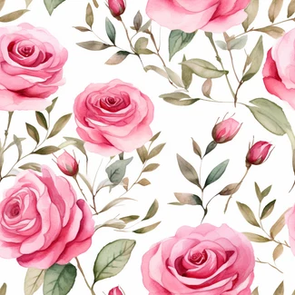 Pink roses and branches on a white background in a watercolor style