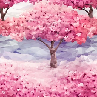 A pink sakura tree in bloom by the lake against a colorful geometric polygonal background.