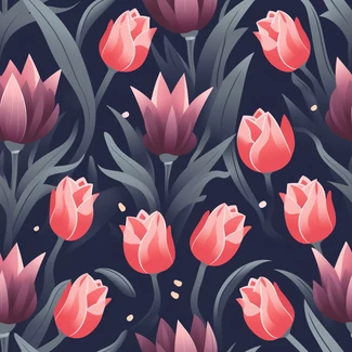 A beautiful seamless pattern featuring pink tulips on a dark indigo background.