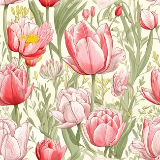 Pink tulips with green leaves in a watercolor floral seamless pattern on a light pink background