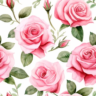 A beautiful seamless pattern of pink watercolor roses and leaves on a white background.