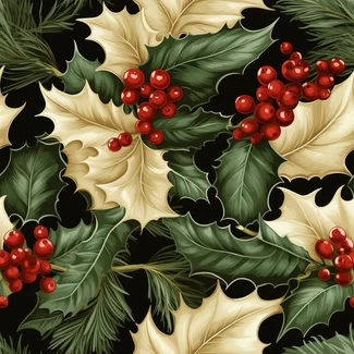 A vintage seamless pattern of holly leaves with red berries on a black background, with exquisite clothing detail and radiant clusters.