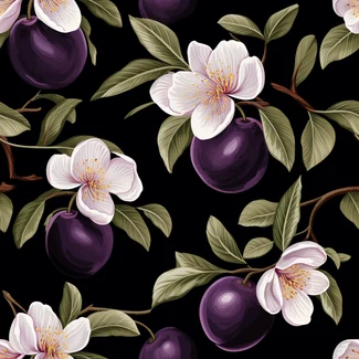 A seamless pattern featuring purple plums and white flowers on a light purple background