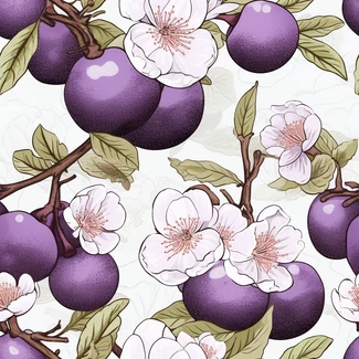 A seamless pattern of purple plums, flowers, and leaves on branches, in the style of asian-inspired motifs, organic material, and elegant inking techniques.