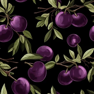 Seamless pattern of purple plums and leaves on a branch against a black background
