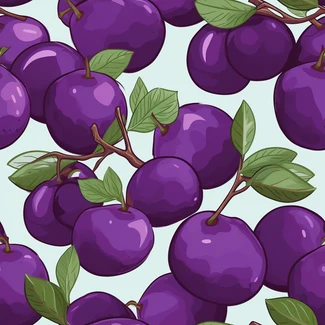 A seamless pattern of plums on a branch with leaves and vines
