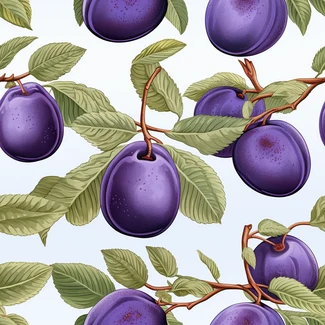 A seamless pattern of purple plums, leaves, and branches with hyper-detailed and realistic renderings.