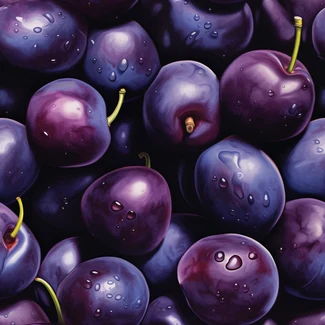 A close-up of several plums with small drops of water on top of them, in a hyper-realistic style.