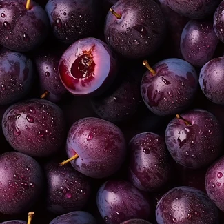 A close-up image of dark violet plums with water drops on top, arranged in rough clusters on a flat background. The image is texture-rich and packed with hidden details.
