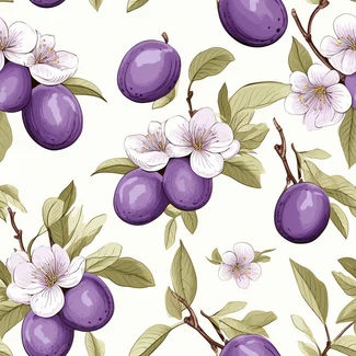 Plum Garden pattern featuring purple plums and flowers on a tree branch on a white background