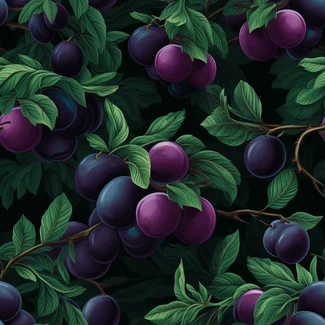 A hyper-detailed pattern featuring plums in shades of purple and green set against a black background with leaves. The use of fabric in the design adds depth and texture to the pattern, while the dark pink and dark emerald color palette gives it a rich, decadent feel.